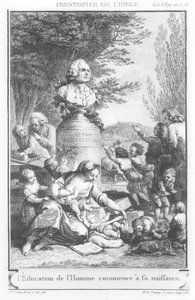 Jean-Jacques Rousseau (1712-78) "Emile" című művének címlapja, metszette Robert Delaunay (1749-1814) 1780 körül.
